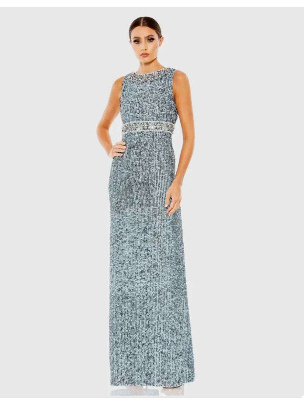 NWT Mac Duggal Slate Blue Sleeveless Sequin Beaded Long Column Gown 14